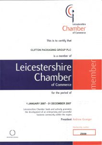 This is to certify that Clifton Packaging Group PLC is a member of Leicestershire Chamber of Commerce Member