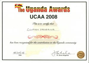 The Uganda Awards 2008, Clifton Packaging has been recognised for the contribution to the Uganda Commity
