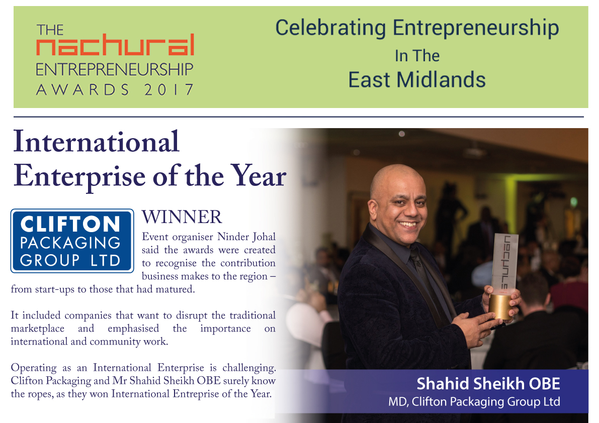 the Nachural Entrepreneurship Awards 2017, Shahid Sheikh OBE, MD, Clifton Packaging Group Ltd.