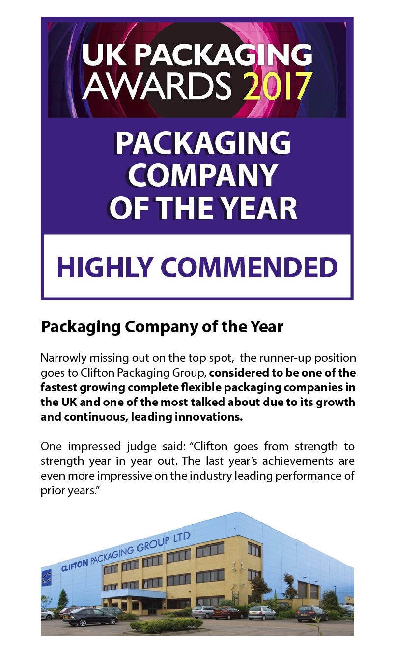 UK Packaging Awards 2017, Highly Commended Company, Clifton Packaging Group Ltd.
