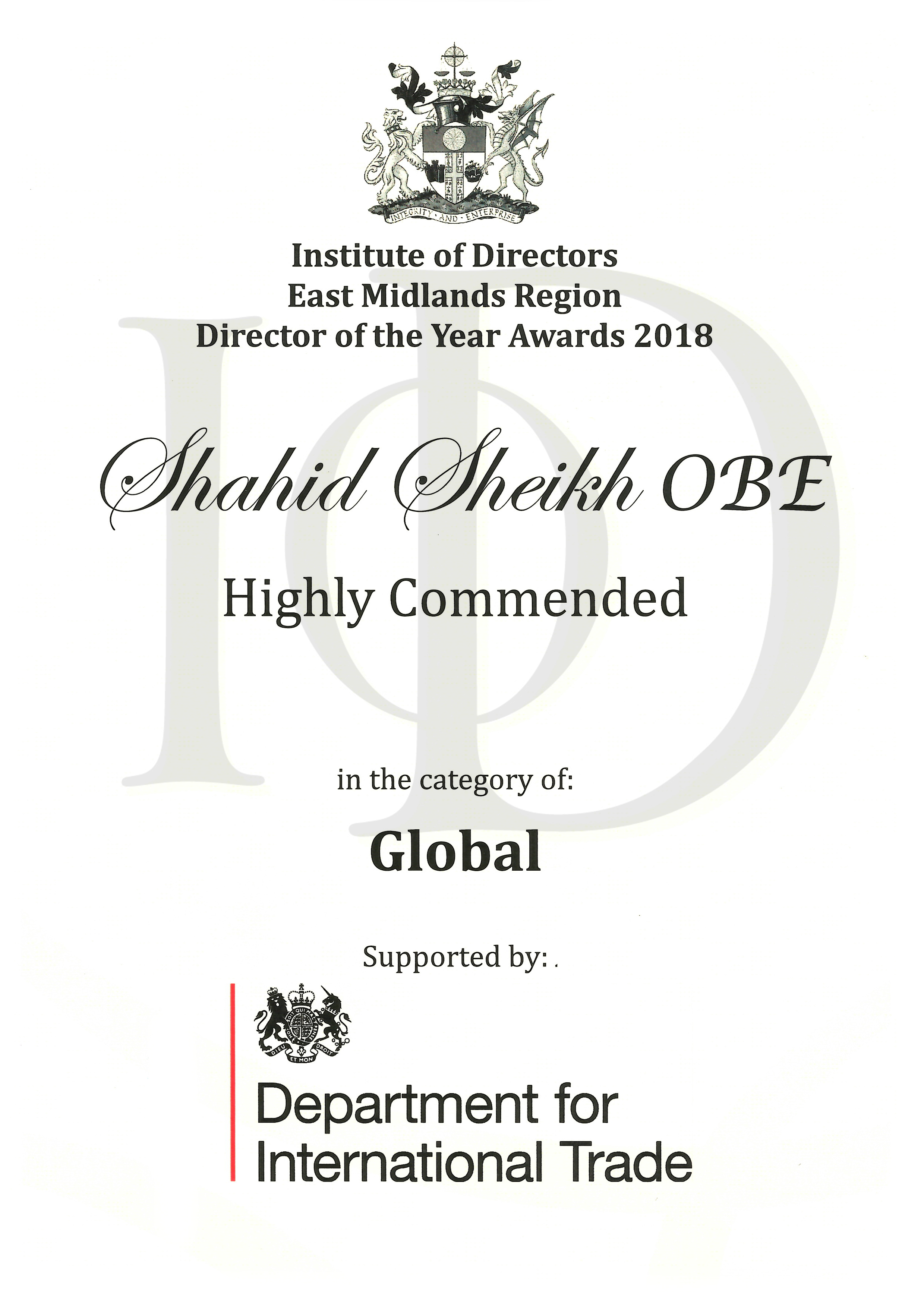 Iod Global, Director of the Year Awards 2018 Winner Shahid Sheikh OBE