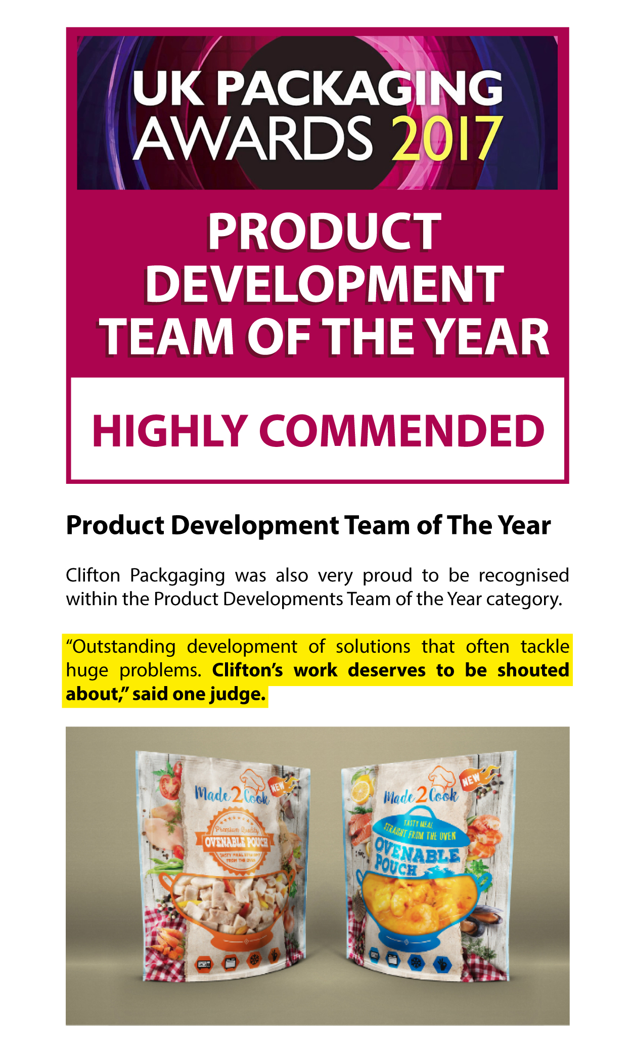 UK Packaging Awards 2017, Highly Commended Product Development Team of the Year, Clifton Packaging Group Ltd.
