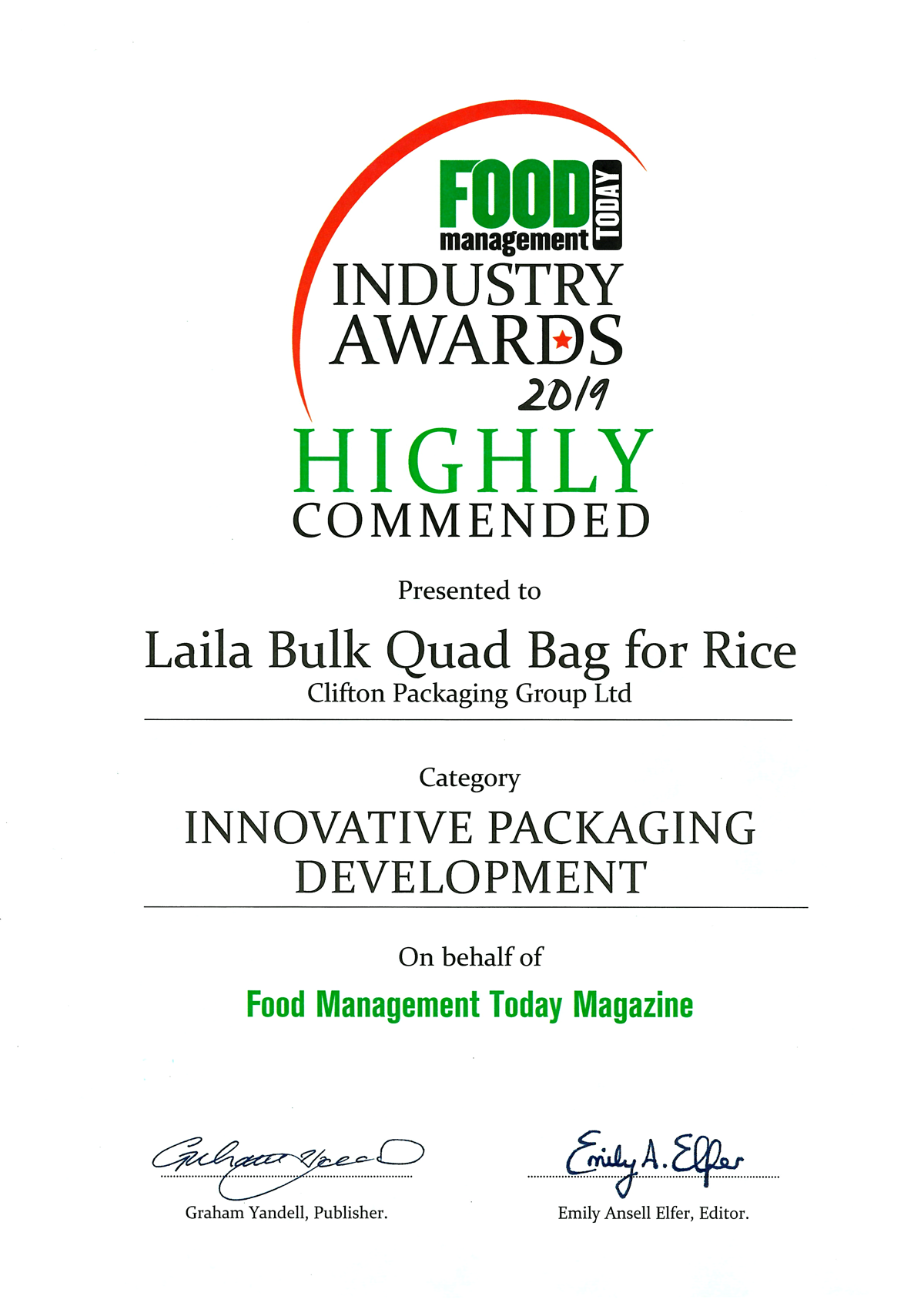 Food Industry Awards 2019 Highly Commended - Laila Bulk Quad Bag
